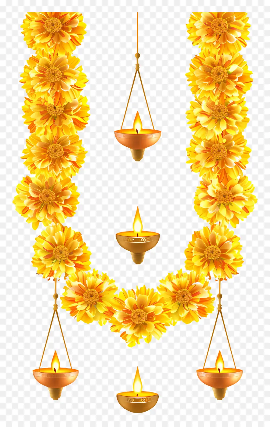 Guirnalda De Caléndula De Diwali，Lámpara Y Guirnalda De Flores Amarillas PNG