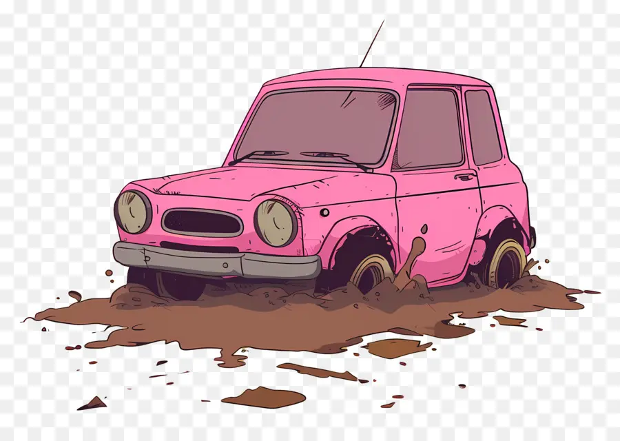 Coche De Dibujos Animados，Coche Rosa En Barro PNG