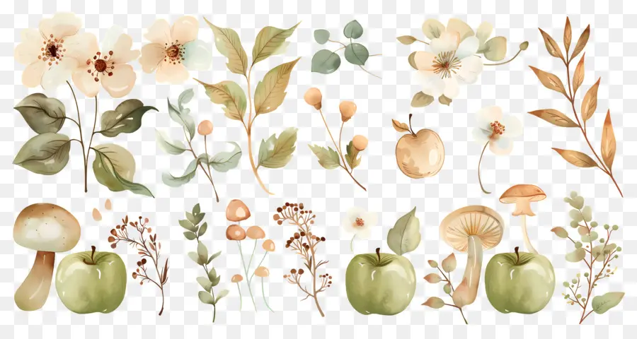 Fondo De Otoño，Manzanas Y Flores Verdes PNG