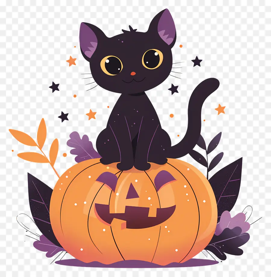 Gato De Halloween，Gato Negro Sobre Calabaza PNG