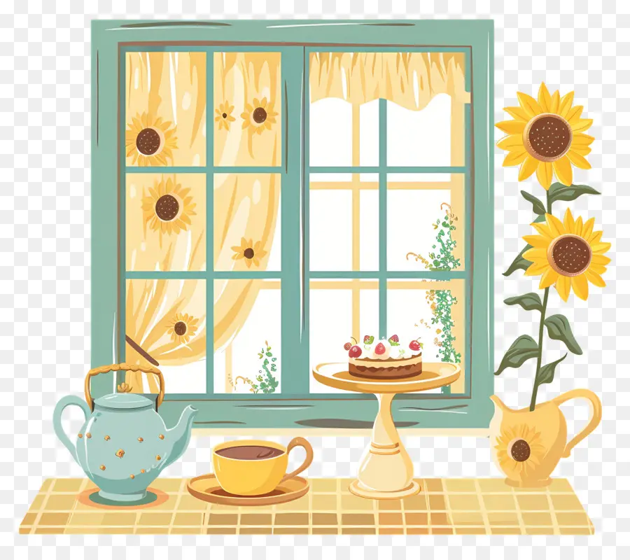 Ventana De Dibujos Animados，Juego De Té De Girasol PNG