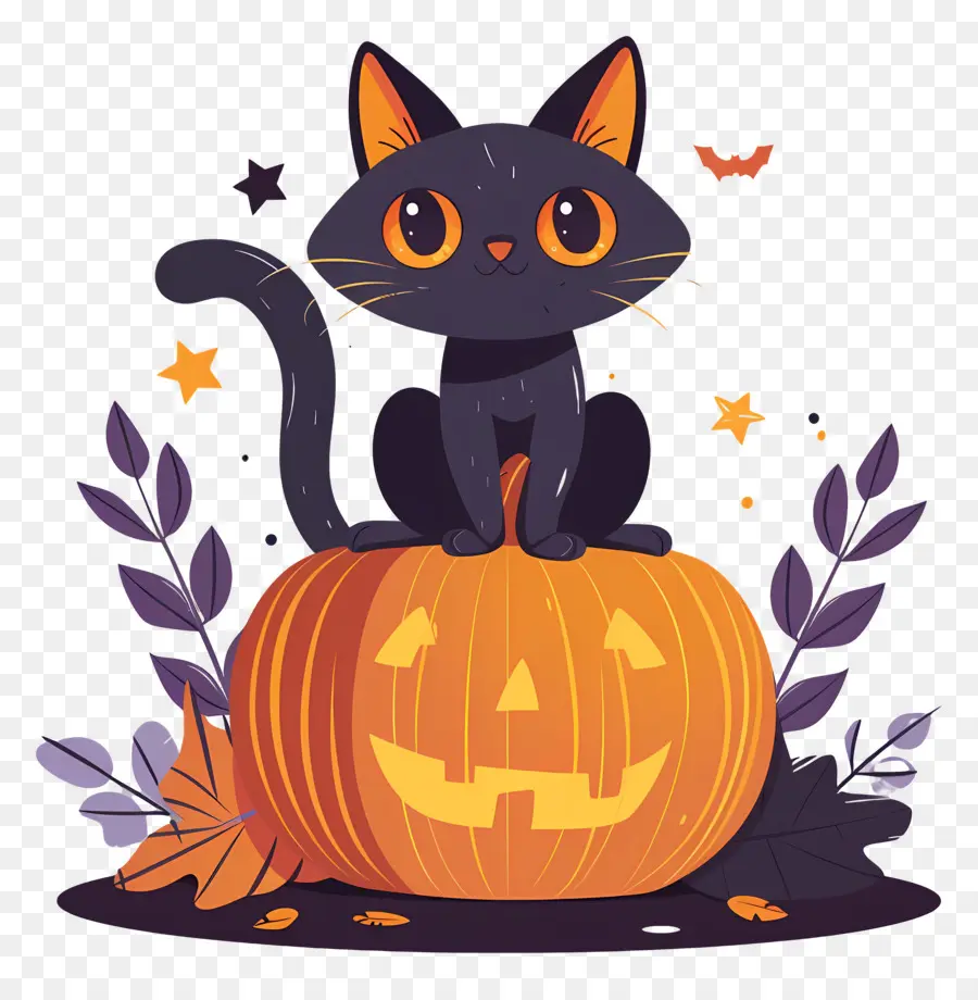 Gato De Halloween，Gato Negro Sobre Calabaza PNG