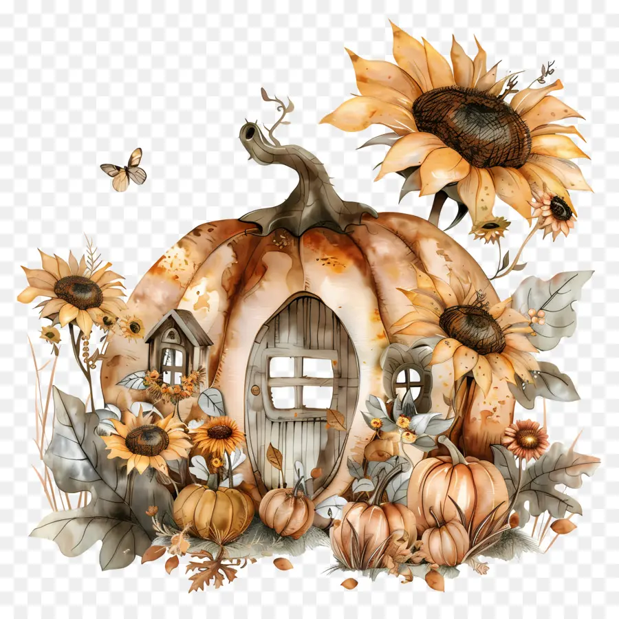 Casa De Calabaza，Casa De Calabaza Con Girasoles PNG