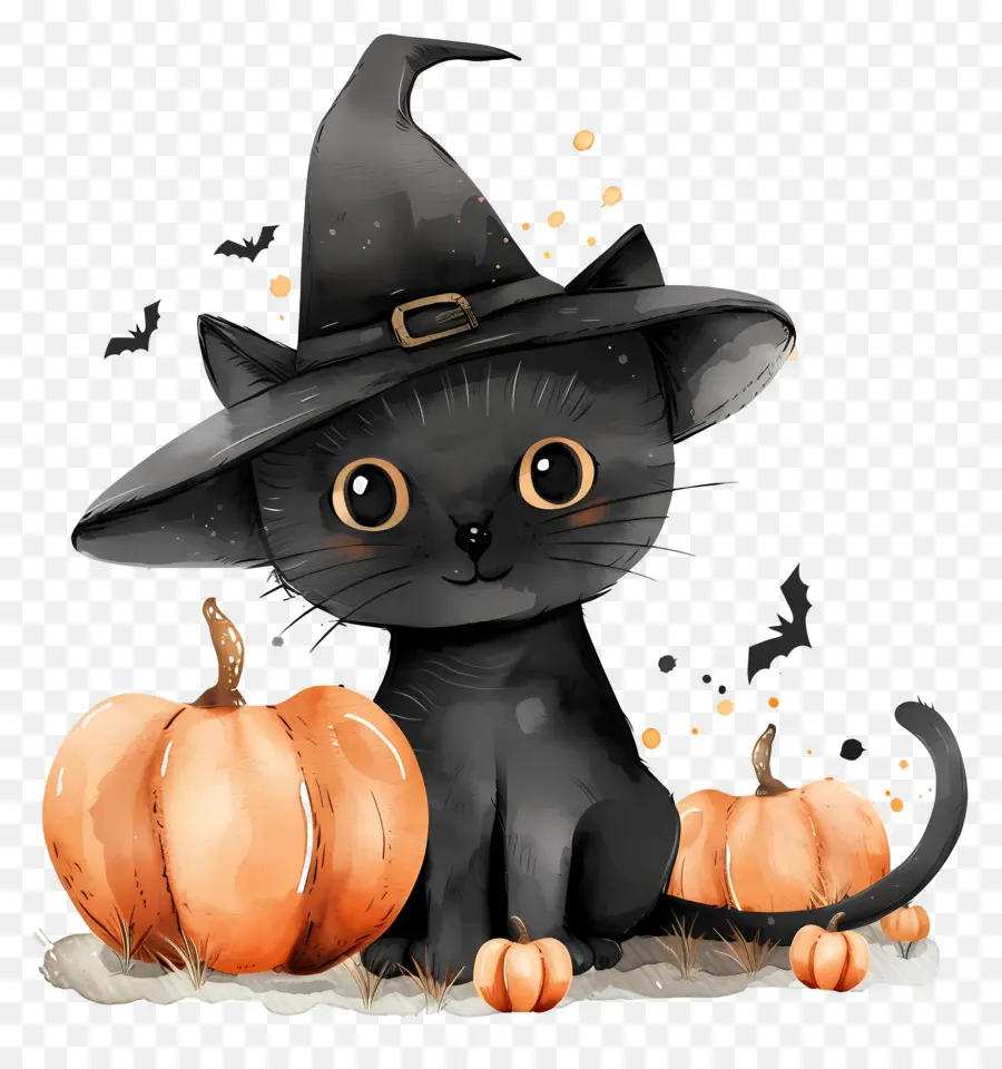 Gato De Halloween，Gato Negro Con Calabazas PNG