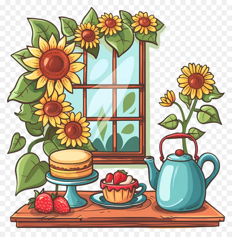 Ventana De Dibujos Animados，Ventana Con Girasoles PNG