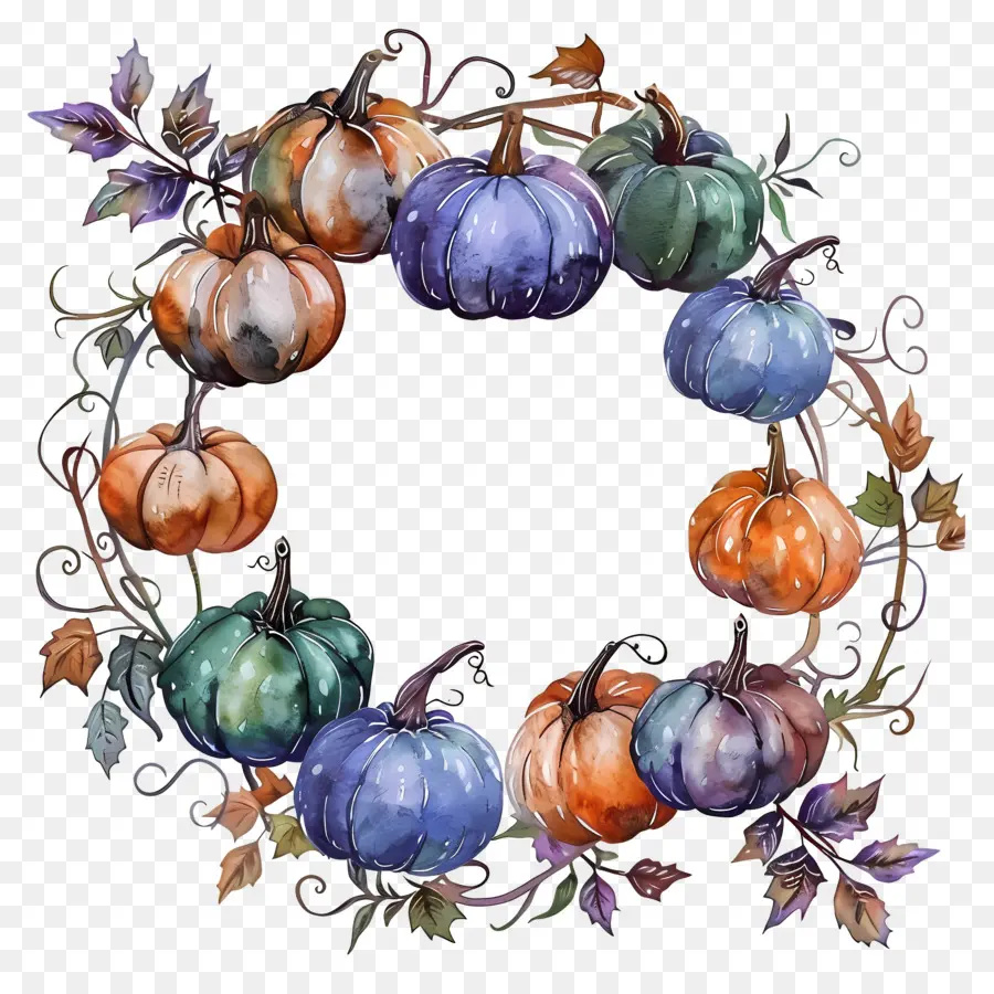 Corona De Halloween，Calabazas Y Hojas PNG