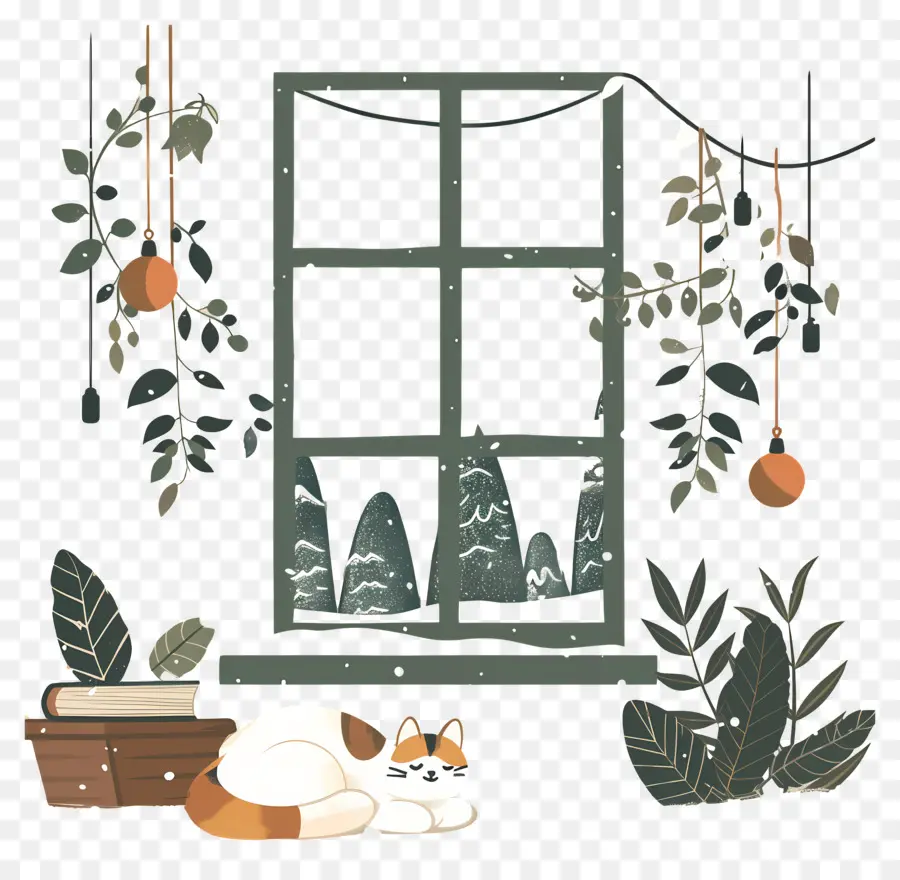 Ventana De Acuarela，Ventana Con Plantas Y Gato PNG