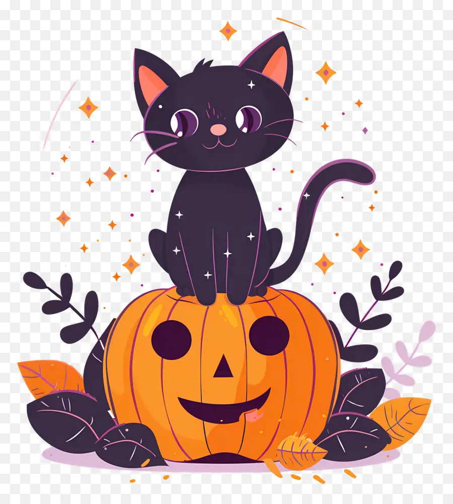 Gato De Halloween，Gato Negro Sobre Calabaza PNG