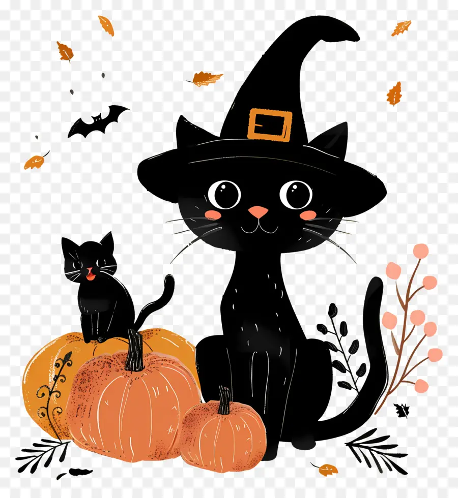 Gato De Halloween，Gato Negro Con Calabazas PNG