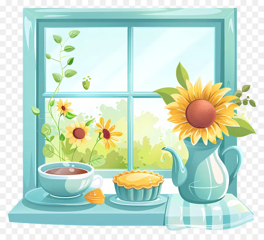 Ventana De Dibujos Animados，Juego De Té De Girasol PNG