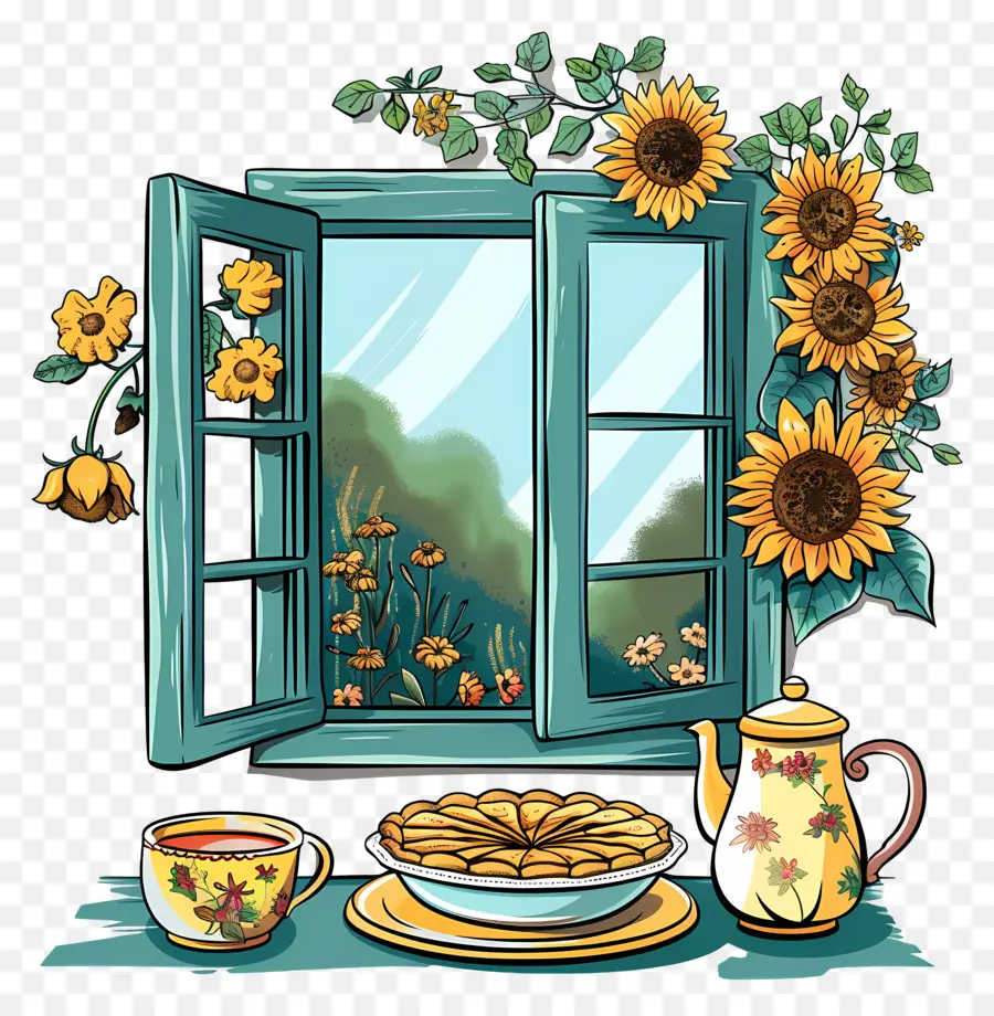 Ventana De Dibujos Animados，Ventana Con Girasoles PNG