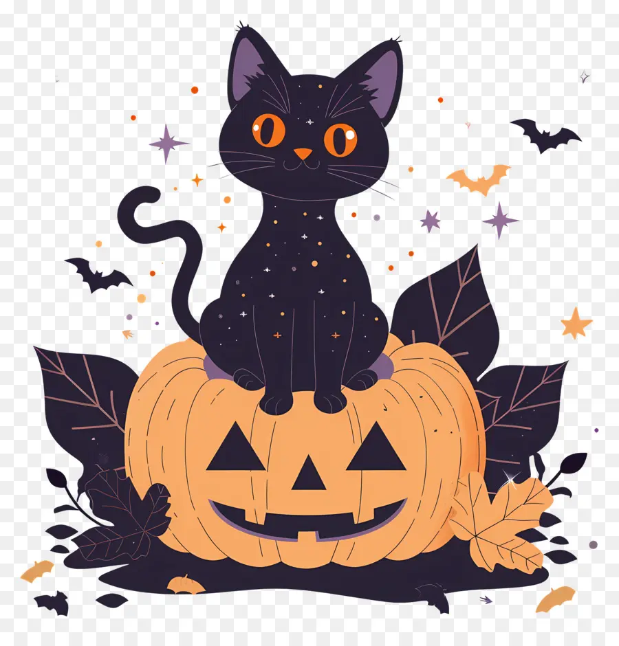 Gato De Halloween，Gato Negro Sobre Calabaza PNG