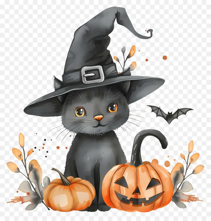 Gato De Halloween，Gato Negro Con Calabazas PNG