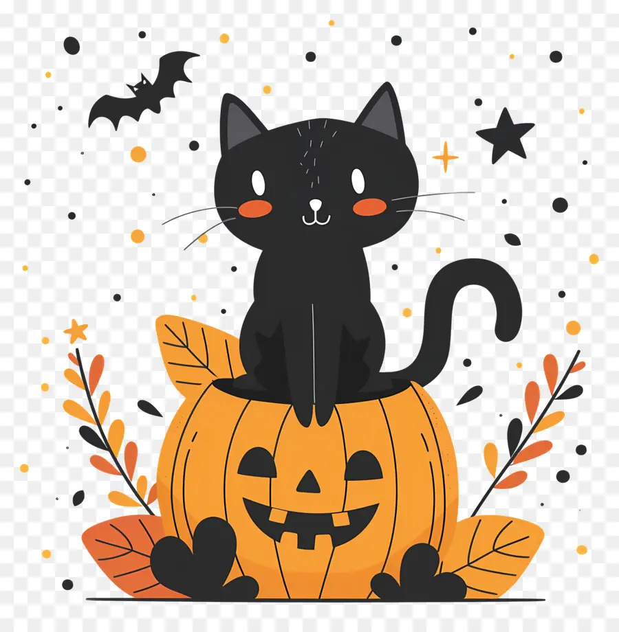 Gato De Halloween，Gato Negro Sobre Calabaza PNG