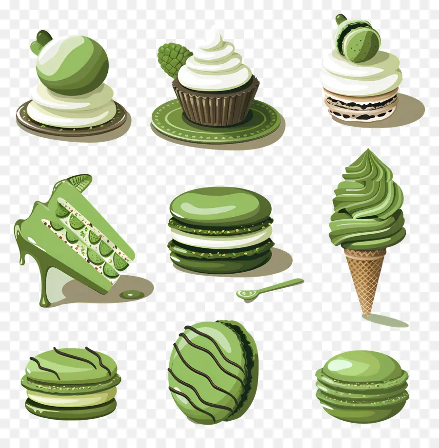 Postres Matcha，Macarons Verdes Y Helado PNG