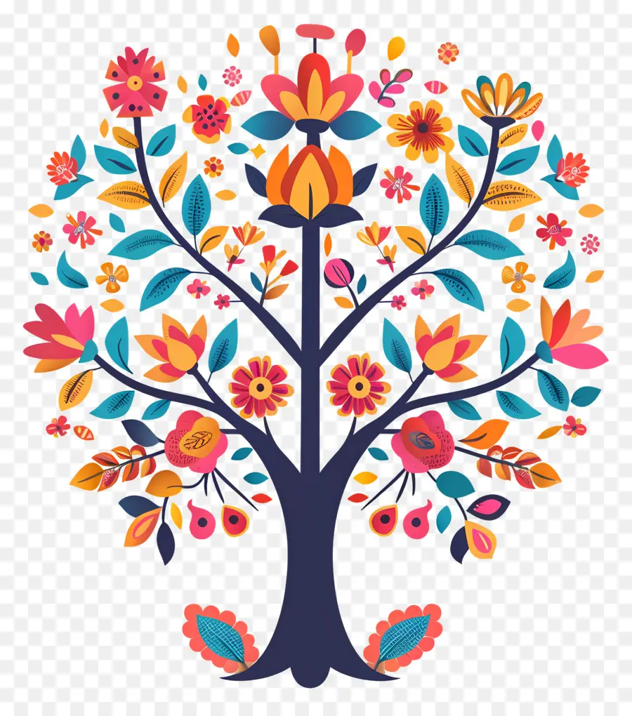 árbol De Flores，Árbol Colorido Con Pájaros PNG