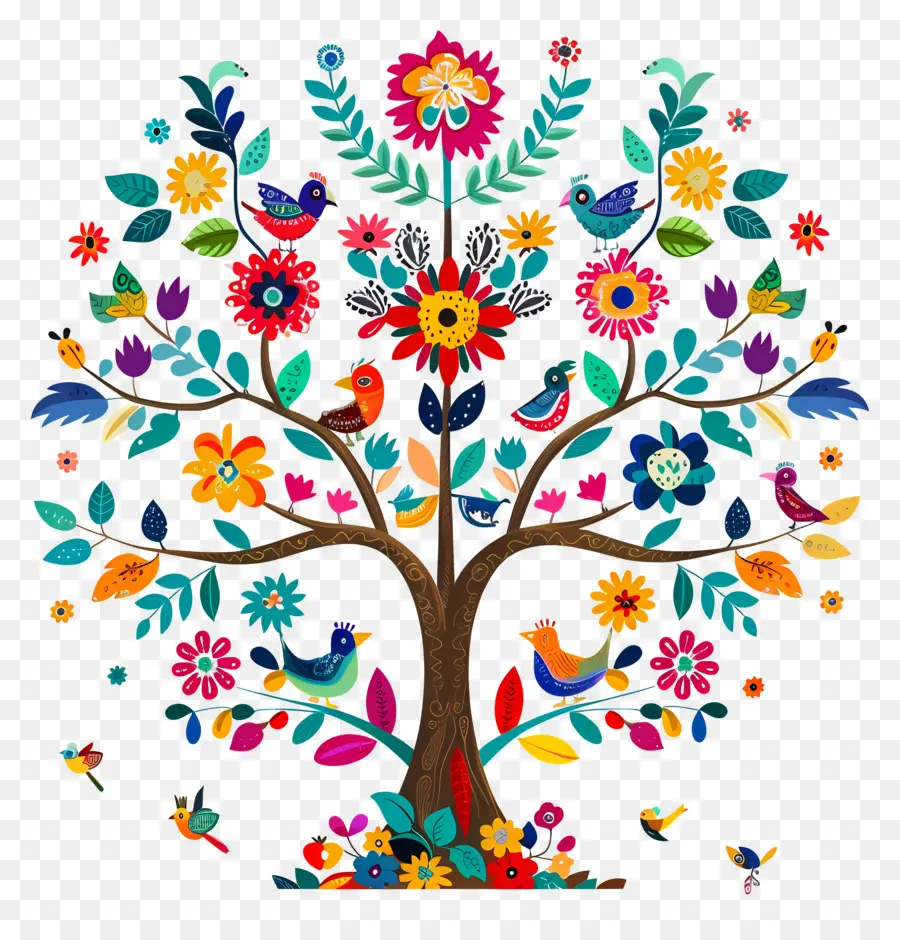 árbol De Flores，Árbol Colorido Con Pájaros PNG