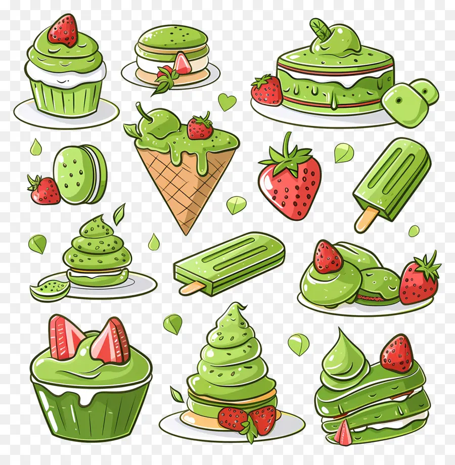 Postre Matcha，Helado De Fresa Y Verde PNG