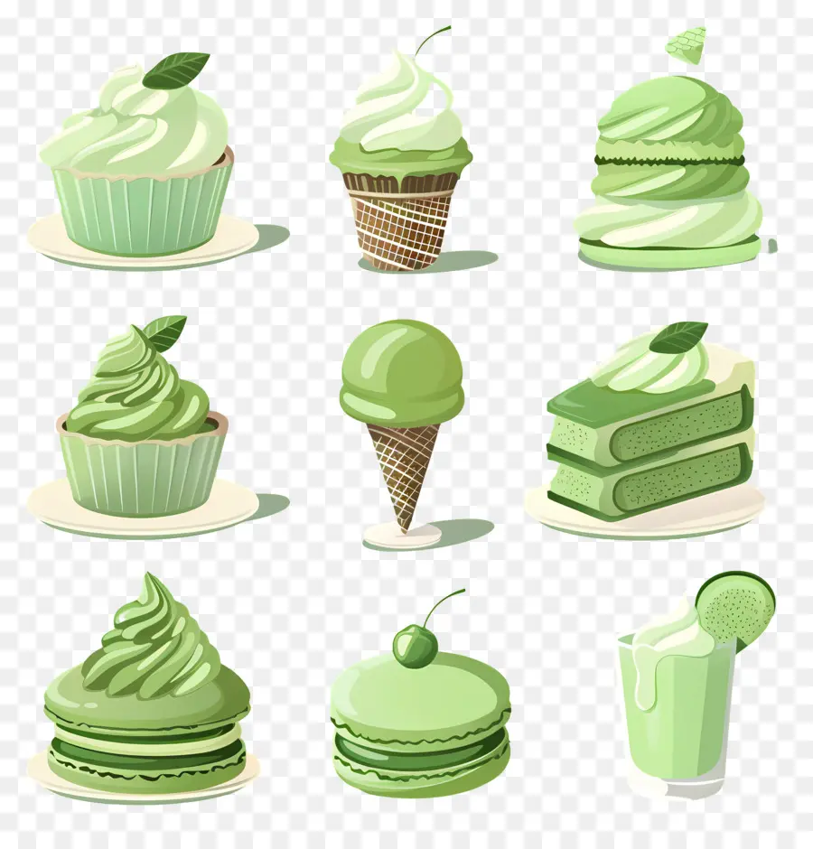 Postres Matcha，Macarons Verdes Y Helado PNG