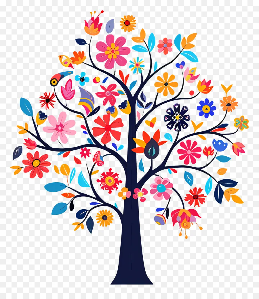 árbol De Flores，Árbol Colorido Con Mariposas PNG