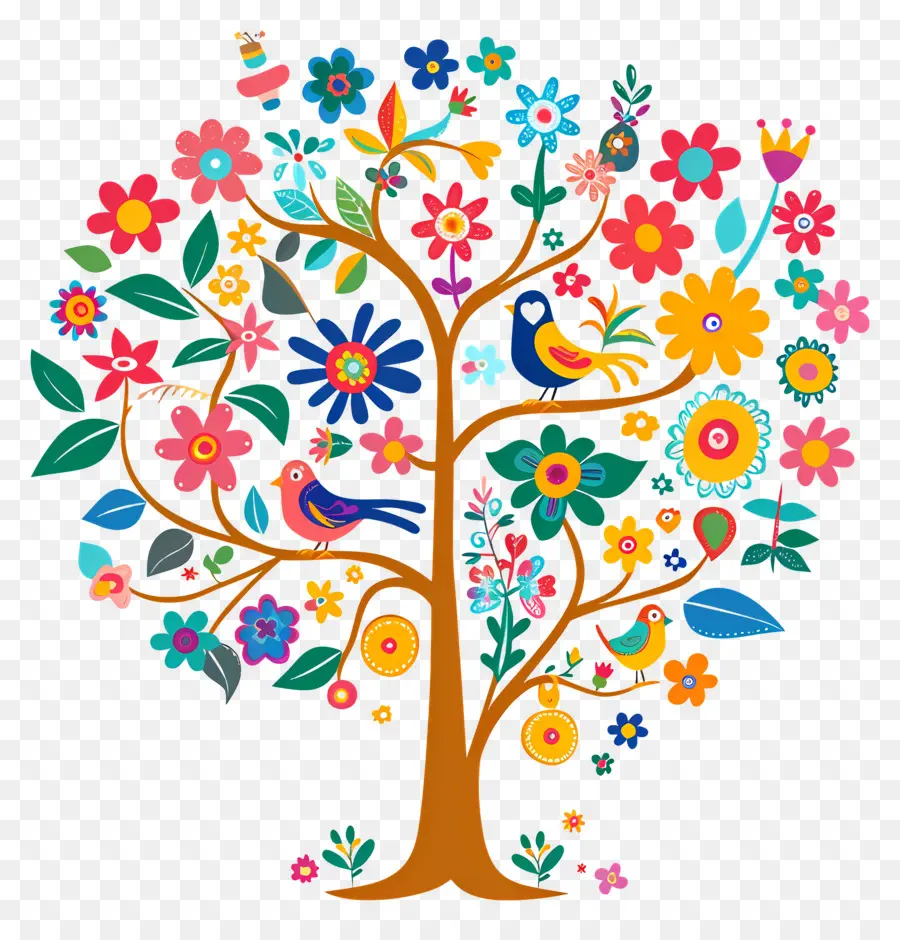 árbol De Flores，Árbol Colorido Con Pájaros PNG