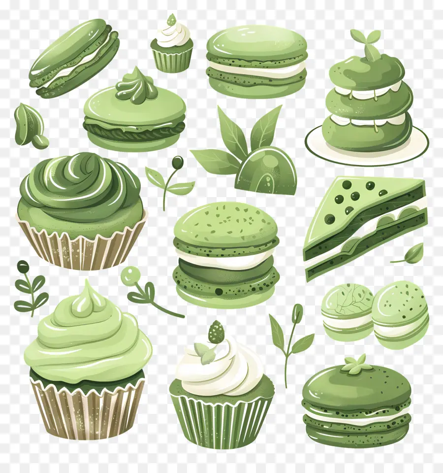 Postres De Matcha，Cupcakes Y Macarrones Verdes PNG