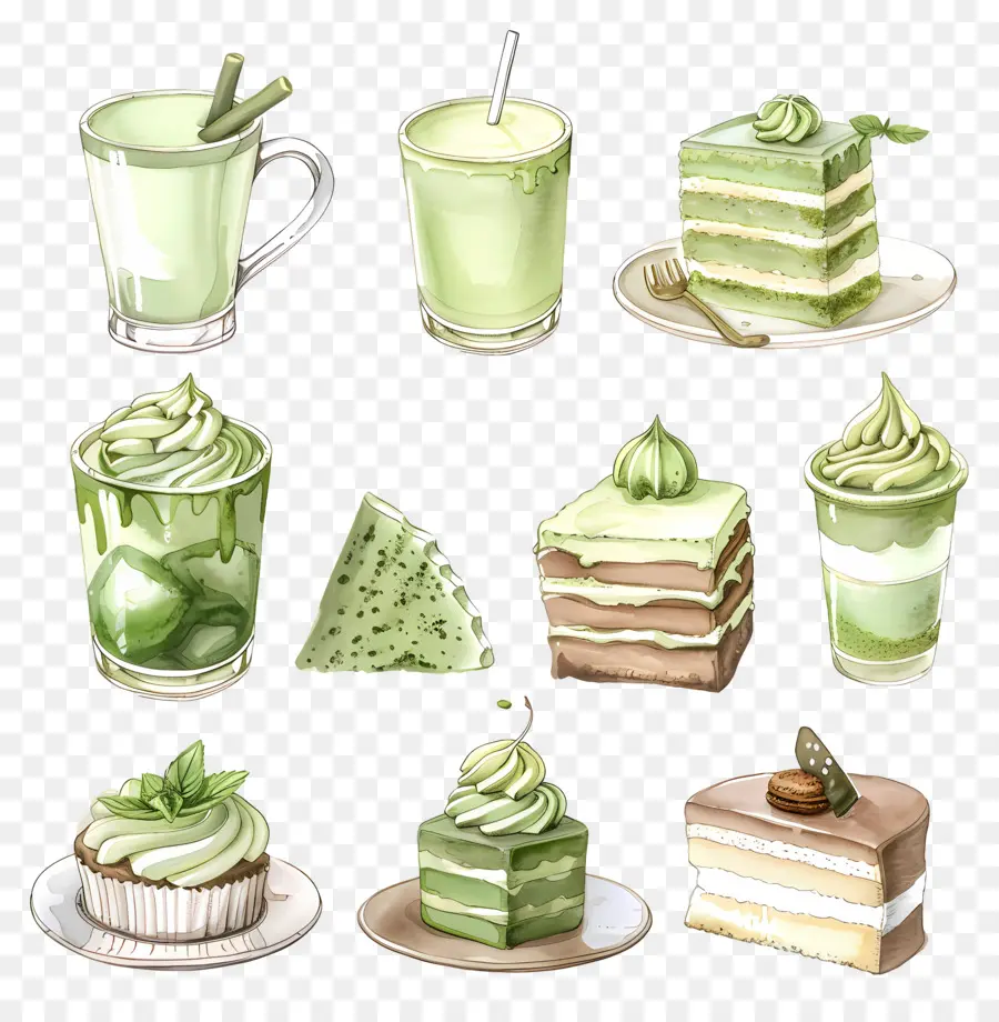 Postres Matcha，Pasteles Y Bebidas Verdes PNG