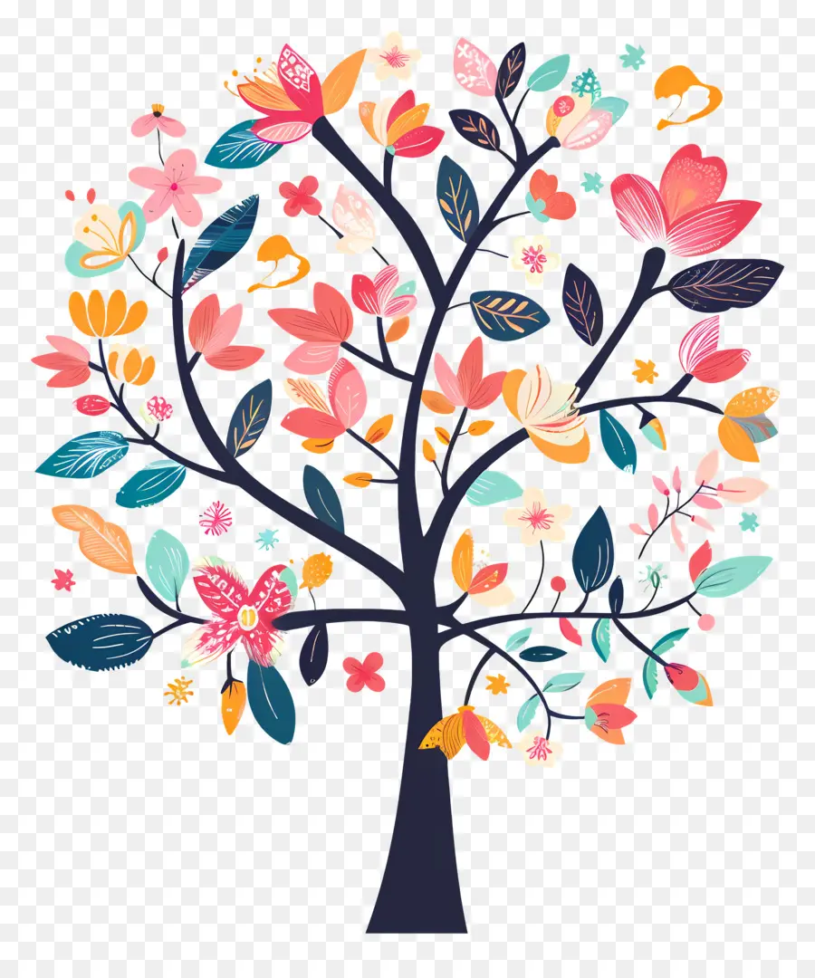 árbol De Flores，Árbol Colorido Con Mariposas PNG