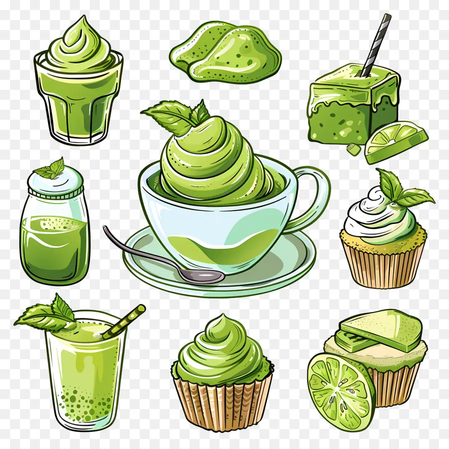 Postres De Matcha，Postres Y Bebidas Verdes PNG