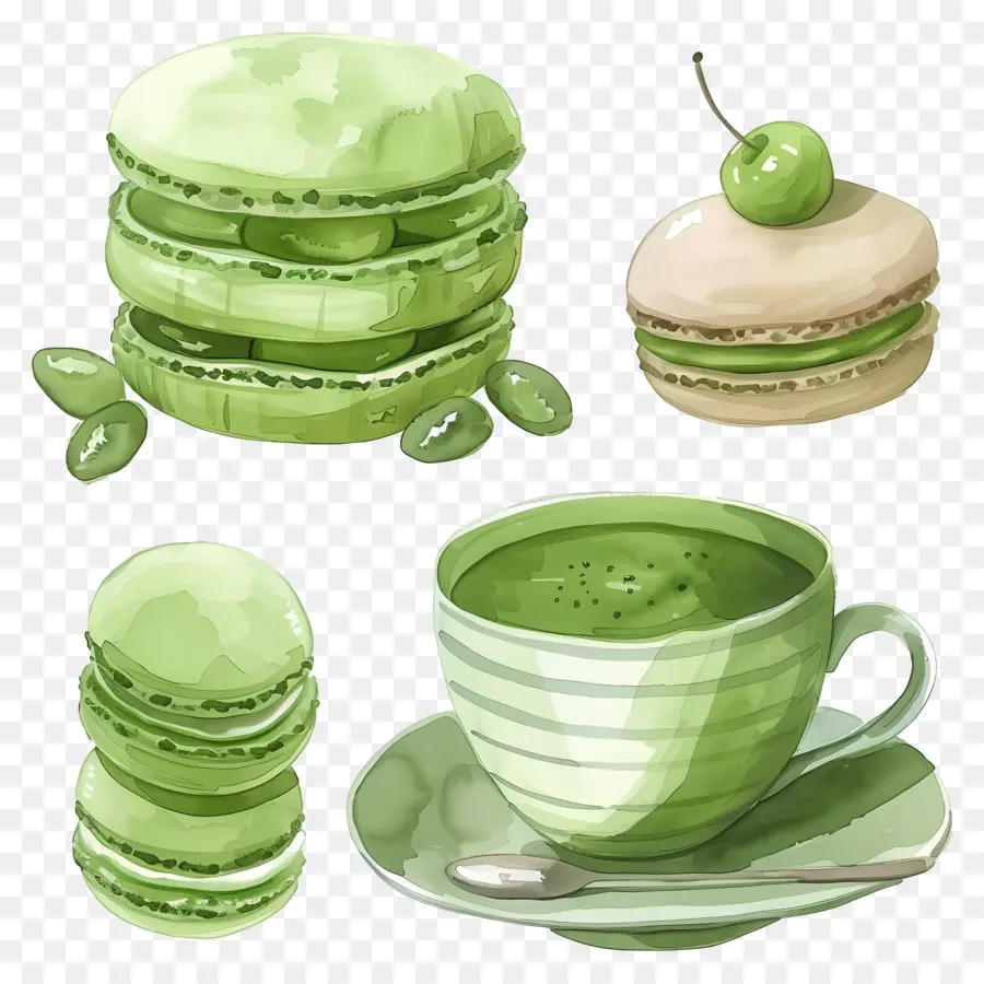 Postres De Matcha，Macarons Verdes Y Té PNG