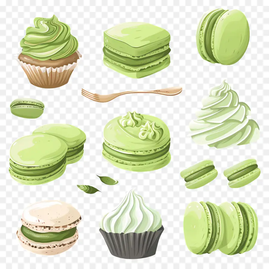 Postres De Matcha，Macarons Verdes Y Pastel PNG