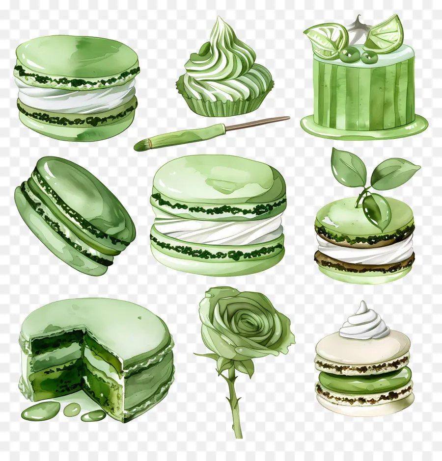 Postres De Matcha，Macarons Verdes Y Pastel PNG