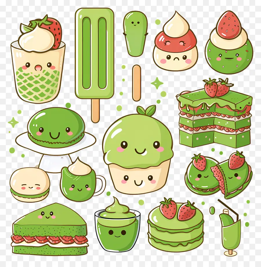 Postre Matcha，Lindos Postres Verdes Y De Fresa PNG