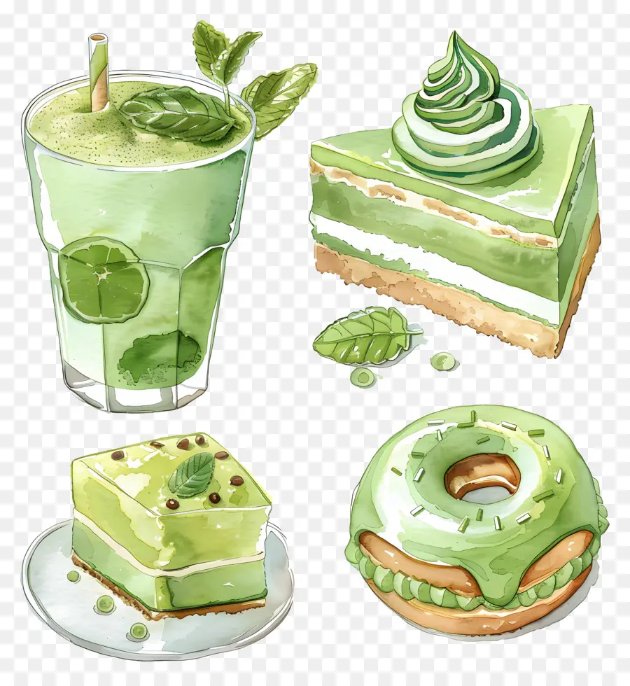 Postres De Matcha，Pasteles Y Bebidas Verdes PNG