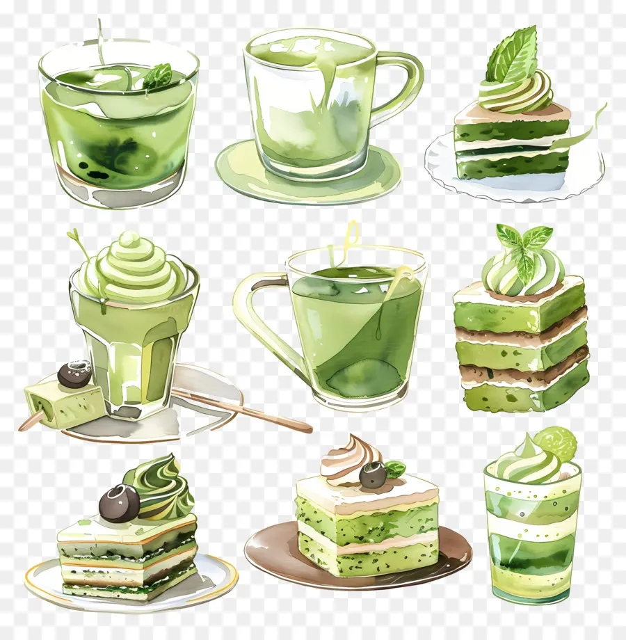 Postres Matcha，Pasteles Y Bebidas Verdes PNG