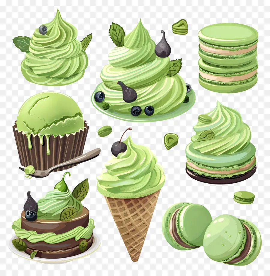 Postres Matcha，Macarons Verdes Y Helado PNG