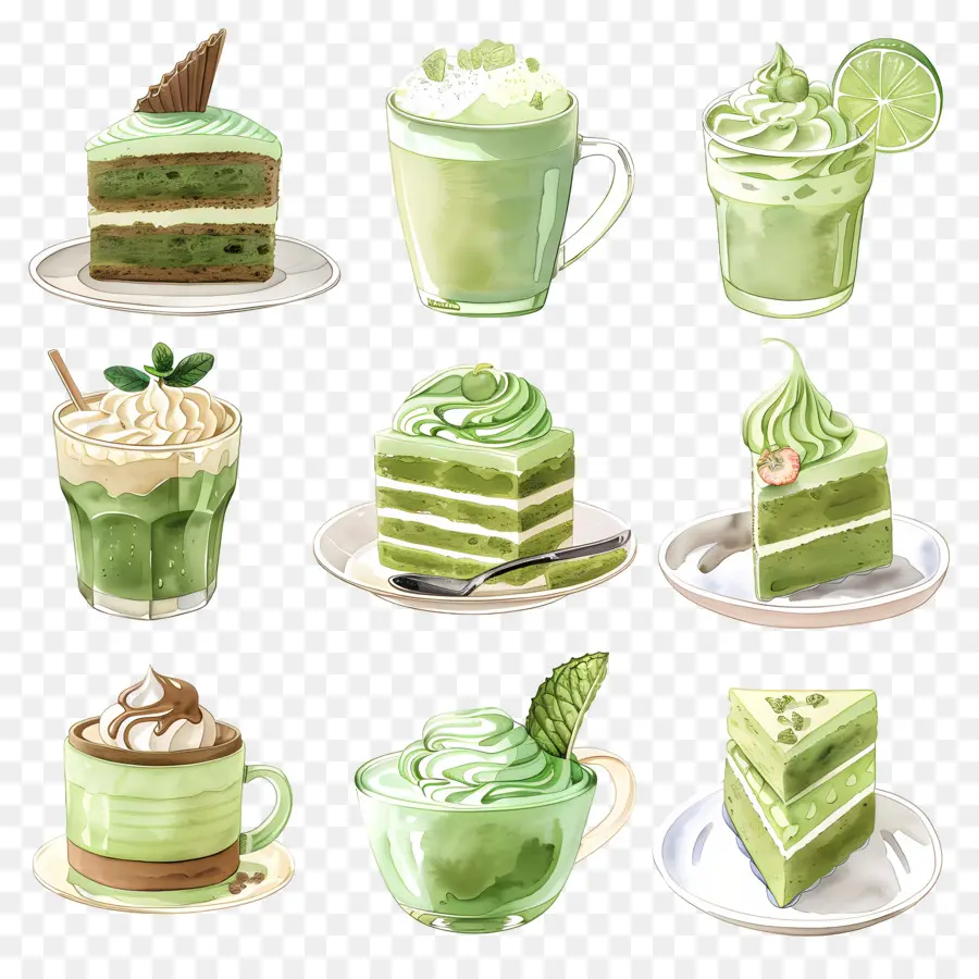 Postres Matcha，Pasteles Y Bebidas Verdes PNG