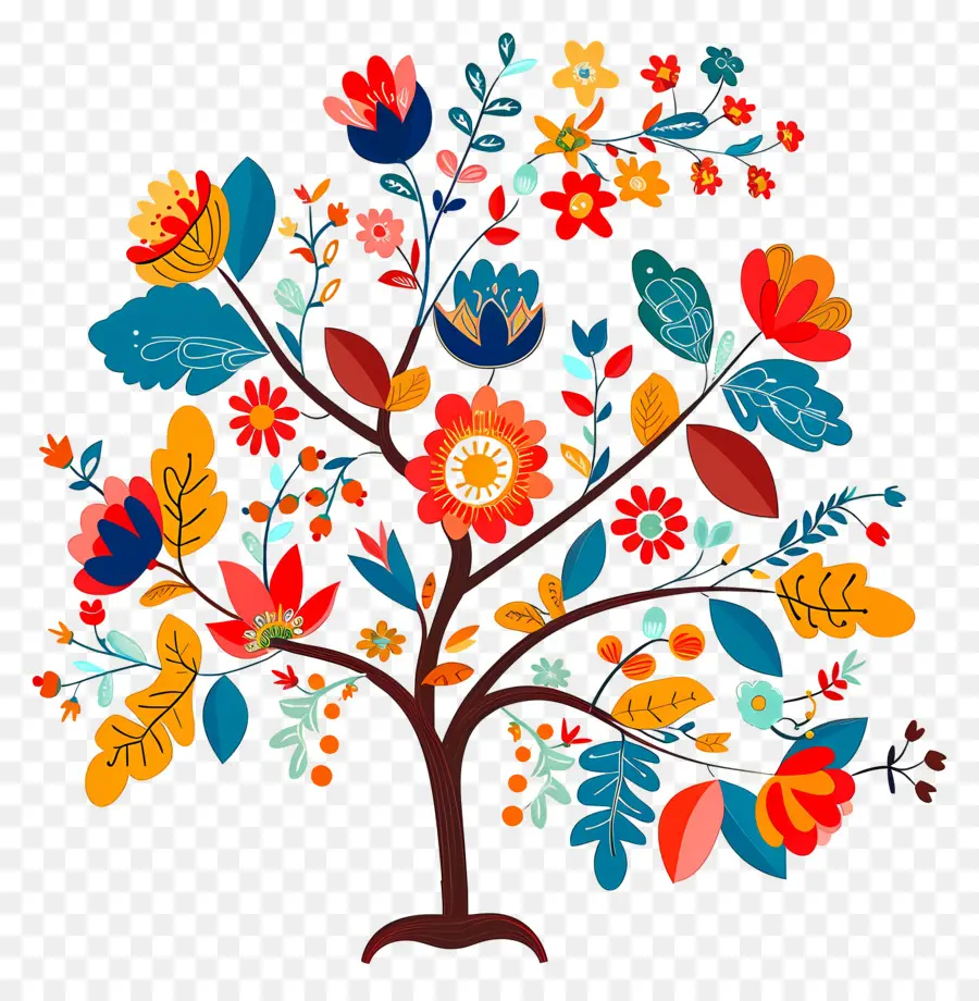 árbol De Flores，Árbol Colorido Con Pájaros PNG