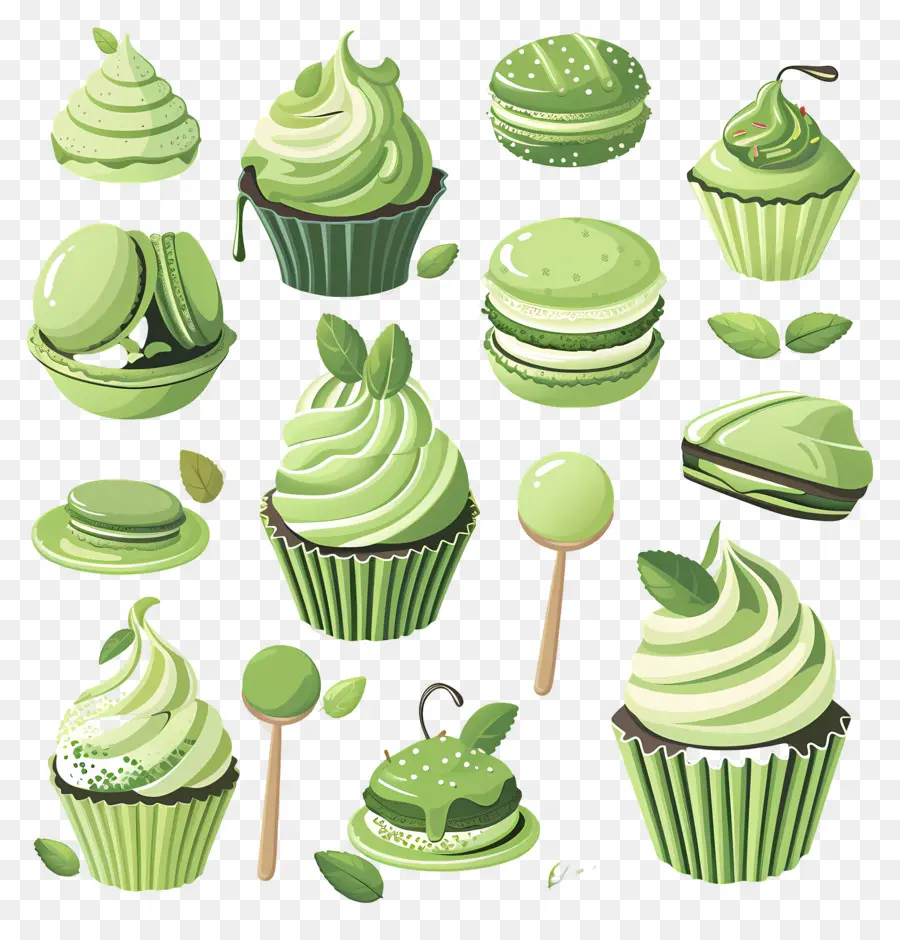 Postres Matcha，Cupcakes Y Macarrones Verdes PNG