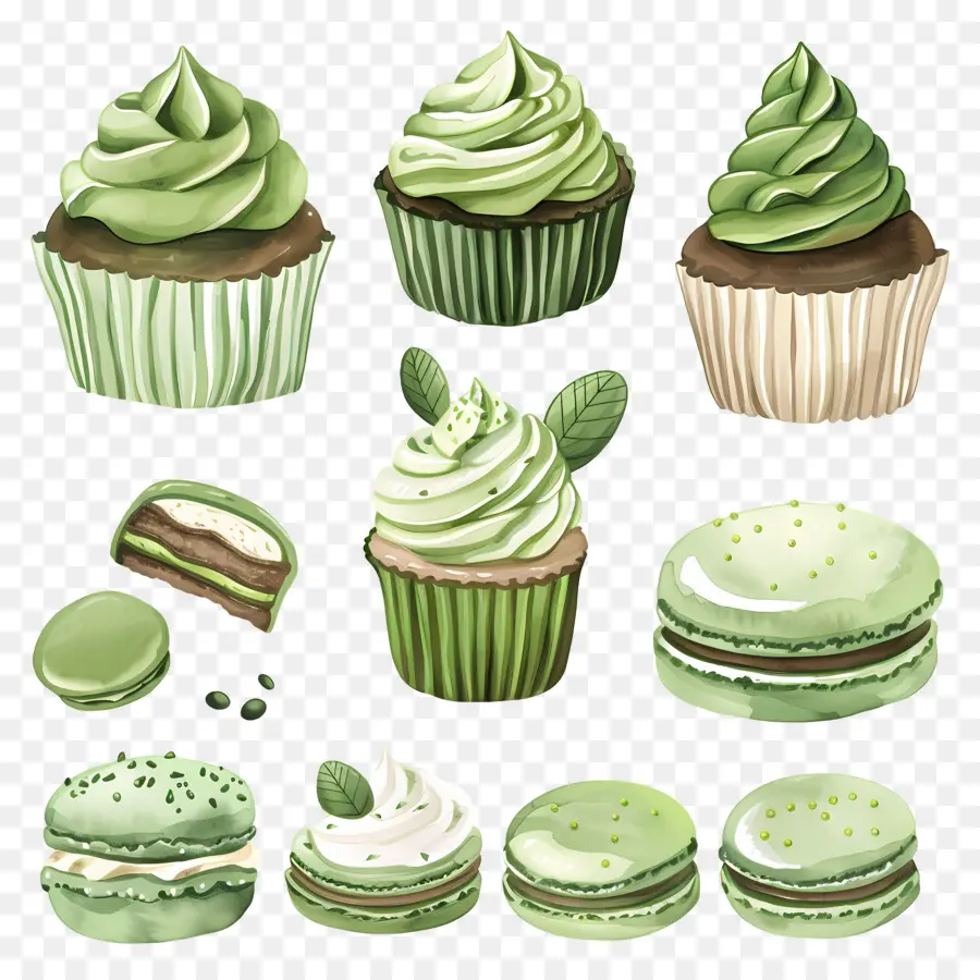 Postres De Matcha，Cupcakes Y Macarrones Verdes PNG