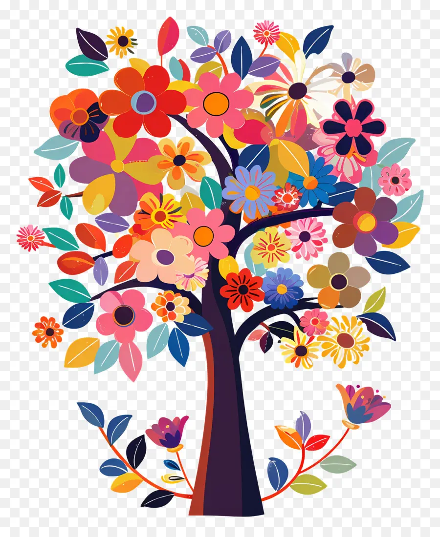 árbol De Flores，Árbol Colorido Con Mariposas PNG