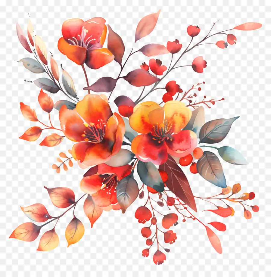 Flores De Otoño，Flores Rojas Y Naranjas PNG