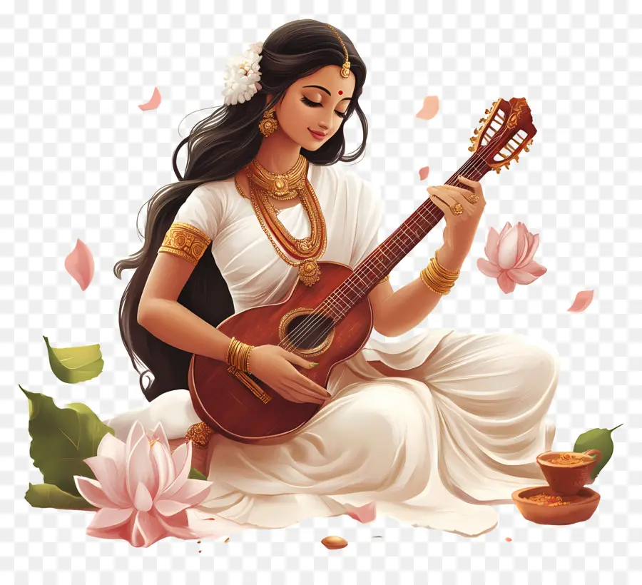 Saraswati，Mujer Tocando La Guitarra PNG