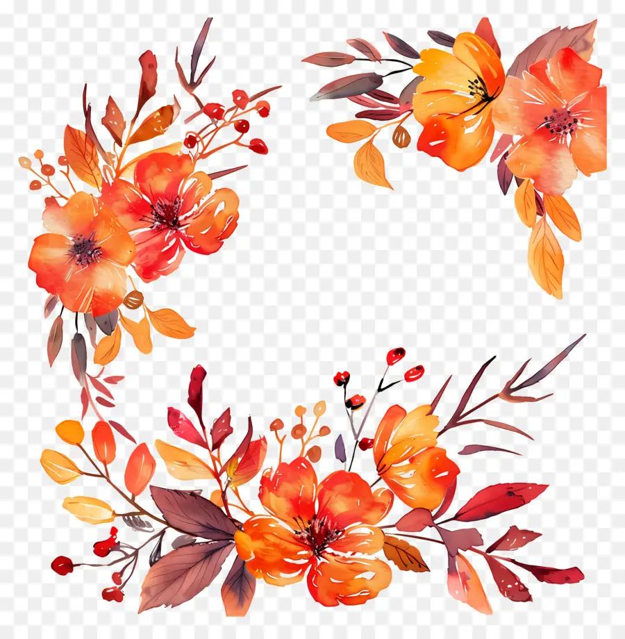 Flores De Otoño，Flores Rojas Y Naranjas PNG