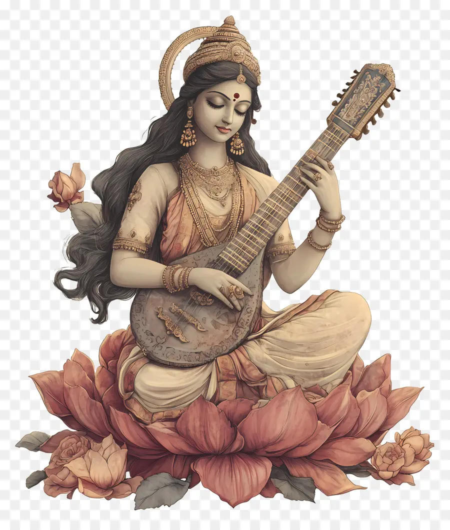 Saraswati，Diosa Con Instrumento Musical PNG