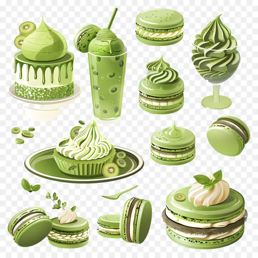 Postres Matcha，Macarons Verdes Y Pastel PNG