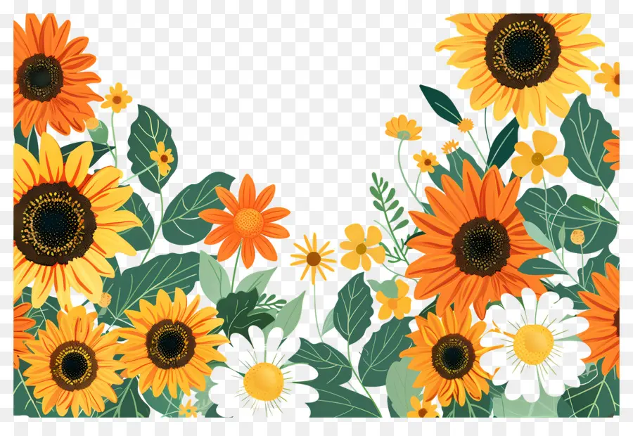 Frontera De Girasoles，Girasoles Con Flores Azules PNG