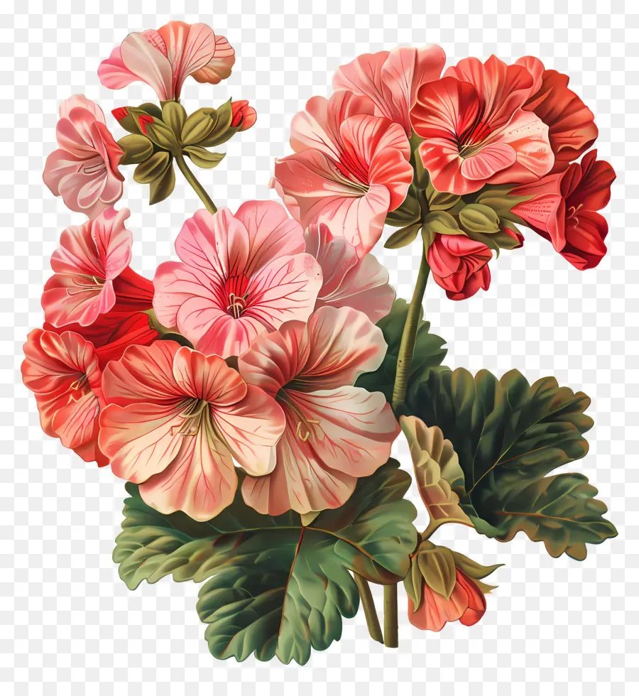 Flores Antiguas，Geranios Rojos Y Rosados PNG