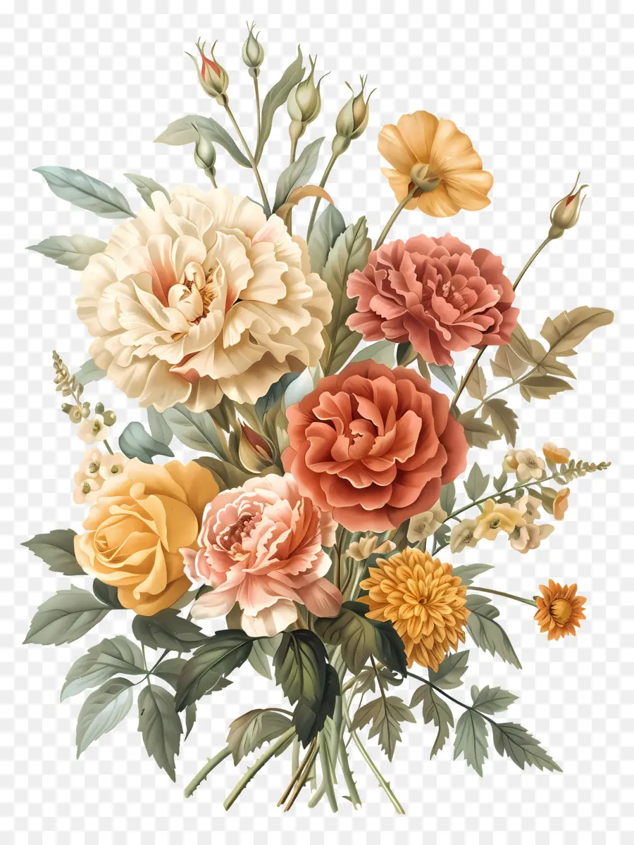 Flores Antiguas，Claveles Coloridos PNG