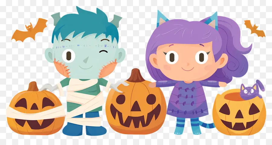 Niños De Halloween，Niños Disfrazados De Halloween Con Calabazas PNG